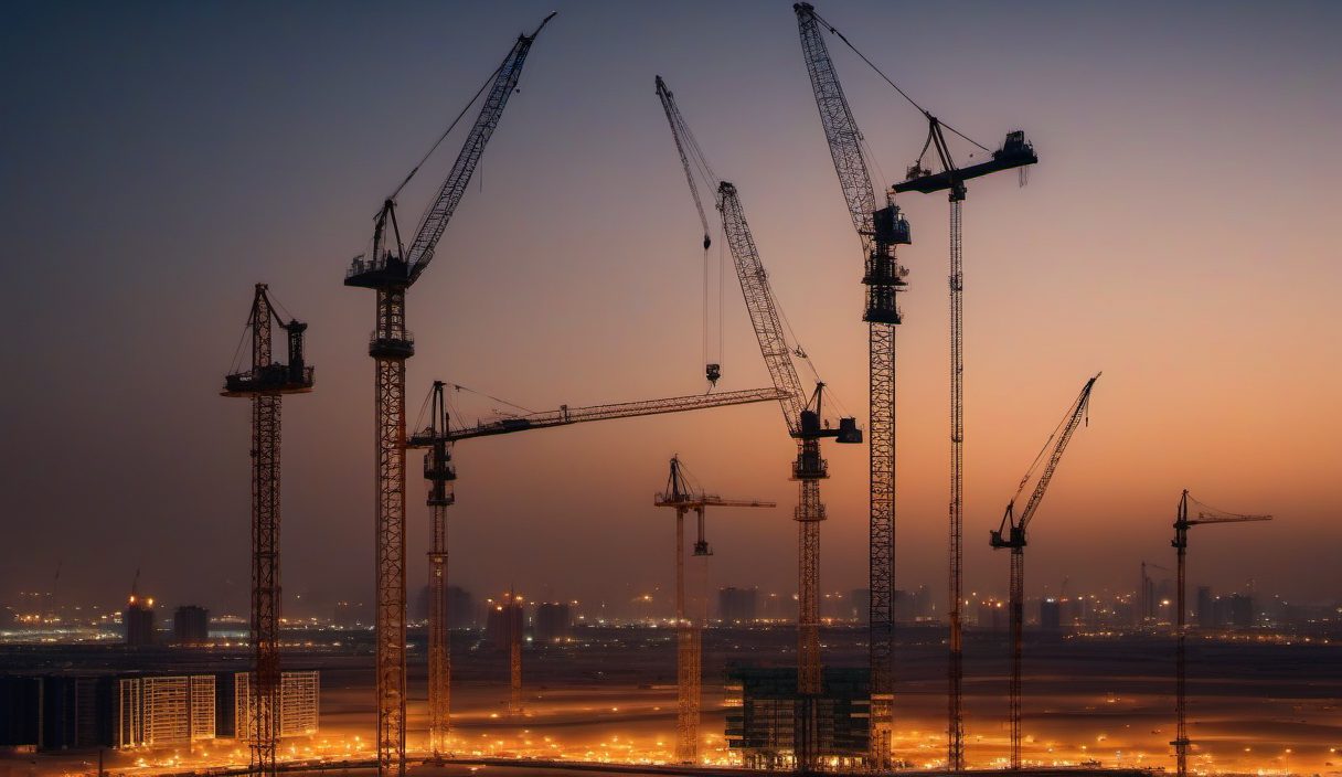 موقع إنشاءات عند الغروب — رافعات وهياكل قيد التنفيذ